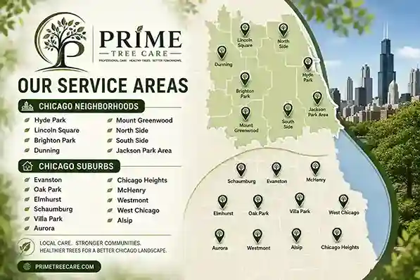 Prime Tree Care service areas map covering Chicago neighborhoods and suburbs
