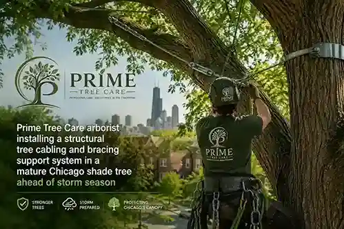 Prime Tree Care arborist installing a structural tree cabling and bracing support system in a mature Chicago shade tree ahead of storm season
