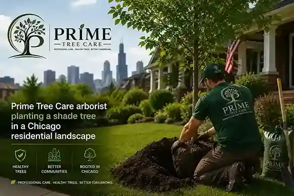 Prime Tree Care arborist planting a shade tree in a Chicago residential landscape