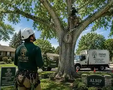 ISA-certified arborist from Prime Tree Care performing structural pruning and cabling on a mature silver maple in Alsip, IL