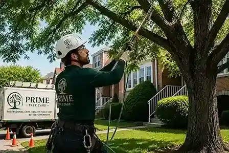 ISA-certified arborist trimming a mature shade tree on a residential Brighton Park property