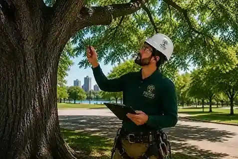 ISA-certified arborist inspecting a mature oak tree near Jackson Park, Chicago