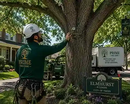 ISA-certified arborist inspecting a mature elm tree in Elmhurst, IL