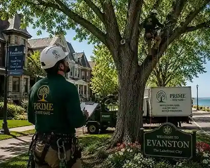 ISA-certified arborist from Prime Tree Care performing structural pruning on a mature parkway tree in a historic Evanston, IL neighborhood near Lake Michigan