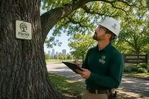 ISA-certified arborist inspecting a mature oak tree in Hyde Park Chicago near Jackson Park