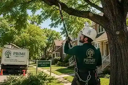ISA-certified arborist from Prime Tree Care performing structural tree trimming on a mature shade tree in Mount Greenwood, Chicago, IL