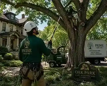 ISA-certified arborist pruning a mature oak tree near a historic Oak Park home