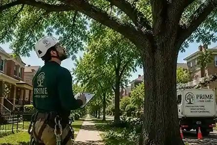 ISA-certified arborist inspecting a mature oak tree canopy on Chicago's South Side