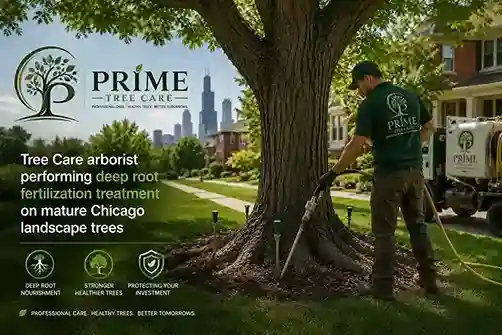 Prime Tree Care arborist performing deep root fertilization treatment on mature Chicago landscape trees